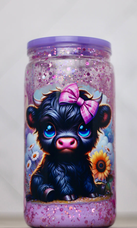 Purple Glitter Baby Cow Snow Globe Jar Cup
