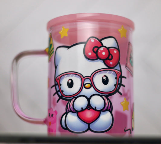 Pink Hello Kitty glass mug featuring a heart and glasses design